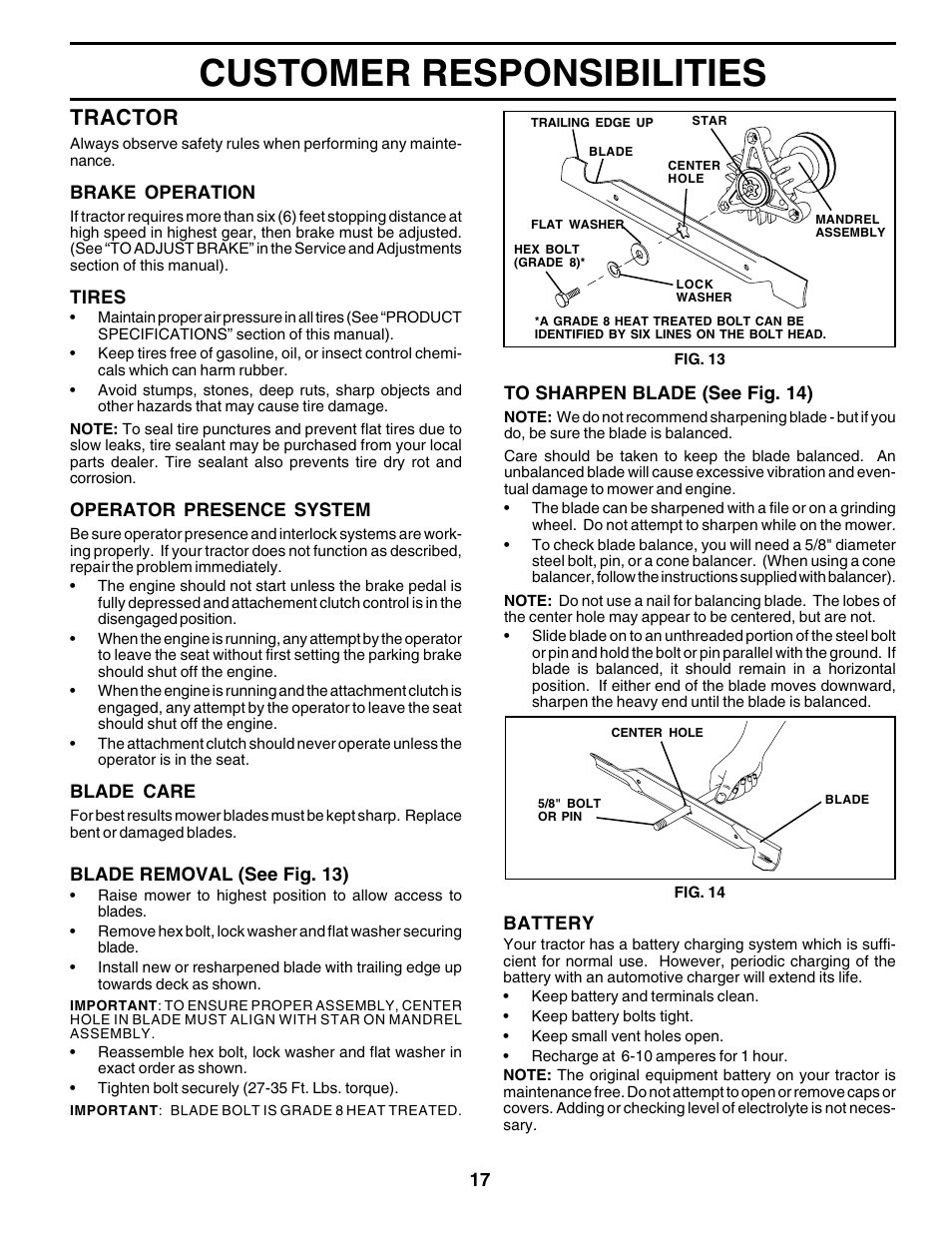 Customer responsibilities, Tractor | Poulan 178493 User Manual | Page 17 / 52