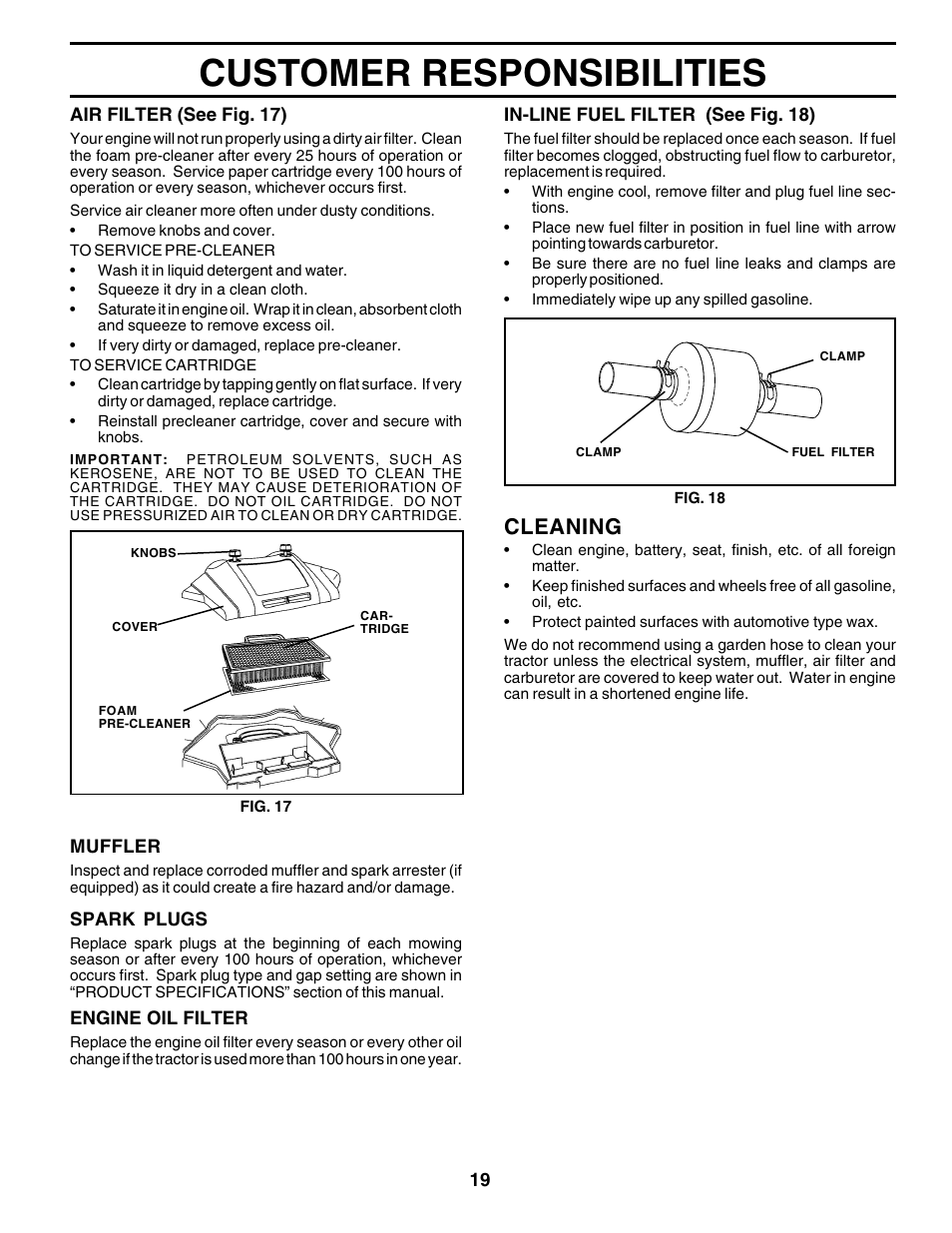 Customer responsibilities, Cleaning | Poulan 178493 User Manual | Page 19 / 52