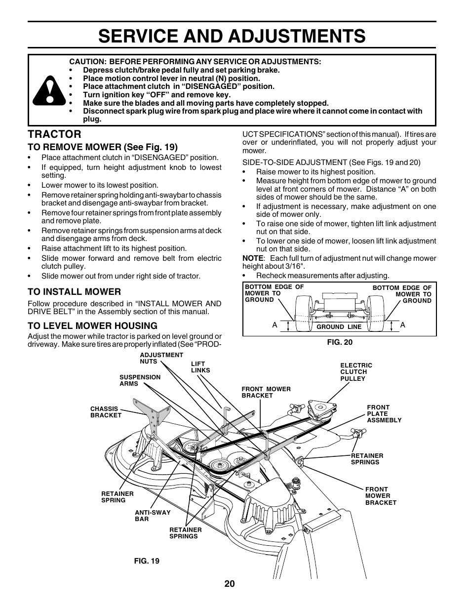 Service and adjustments, Tractor | Poulan 178493 User Manual | Page 20 / 52