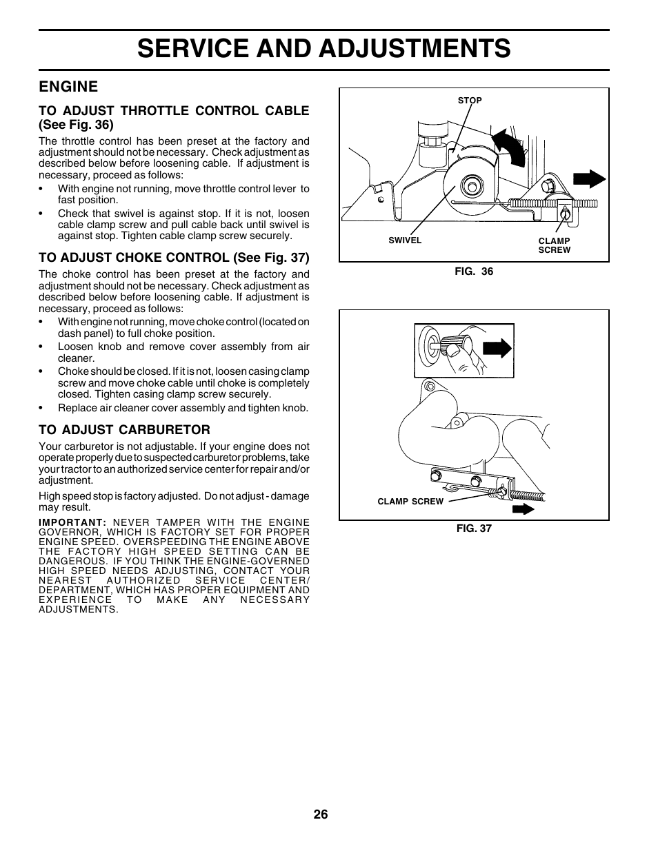 Service and adjustments, Engine | Poulan 178493 User Manual | Page 26 / 52