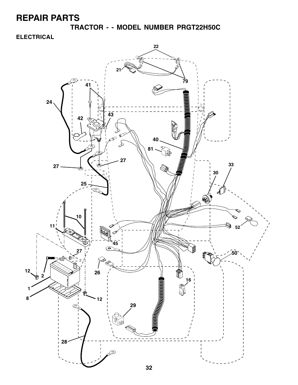 Repair parts, Tractor - - model number prgt22h50c, Electrical | Poulan 178493 User Manual | Page 32 / 52