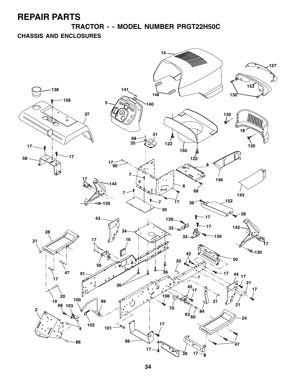 Repair parts, Tractor - - model number prgt22h50c, Chassis and enclosures | Poulan 178493 User Manual | Page 34 / 52