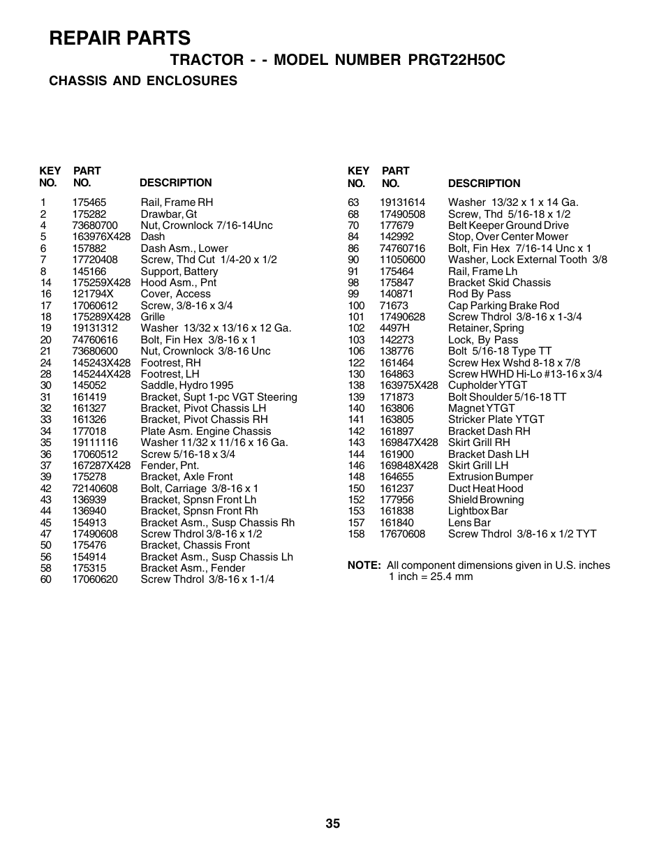 Repair parts, Tractor - - model number prgt22h50c | Poulan 178493 User Manual | Page 35 / 52