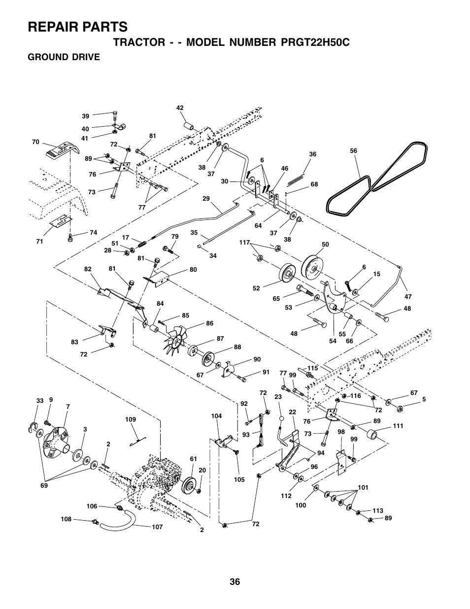 Repair parts, Tractor - - model number prgt22h50c, Ground drive | Poulan 178493 User Manual | Page 36 / 52