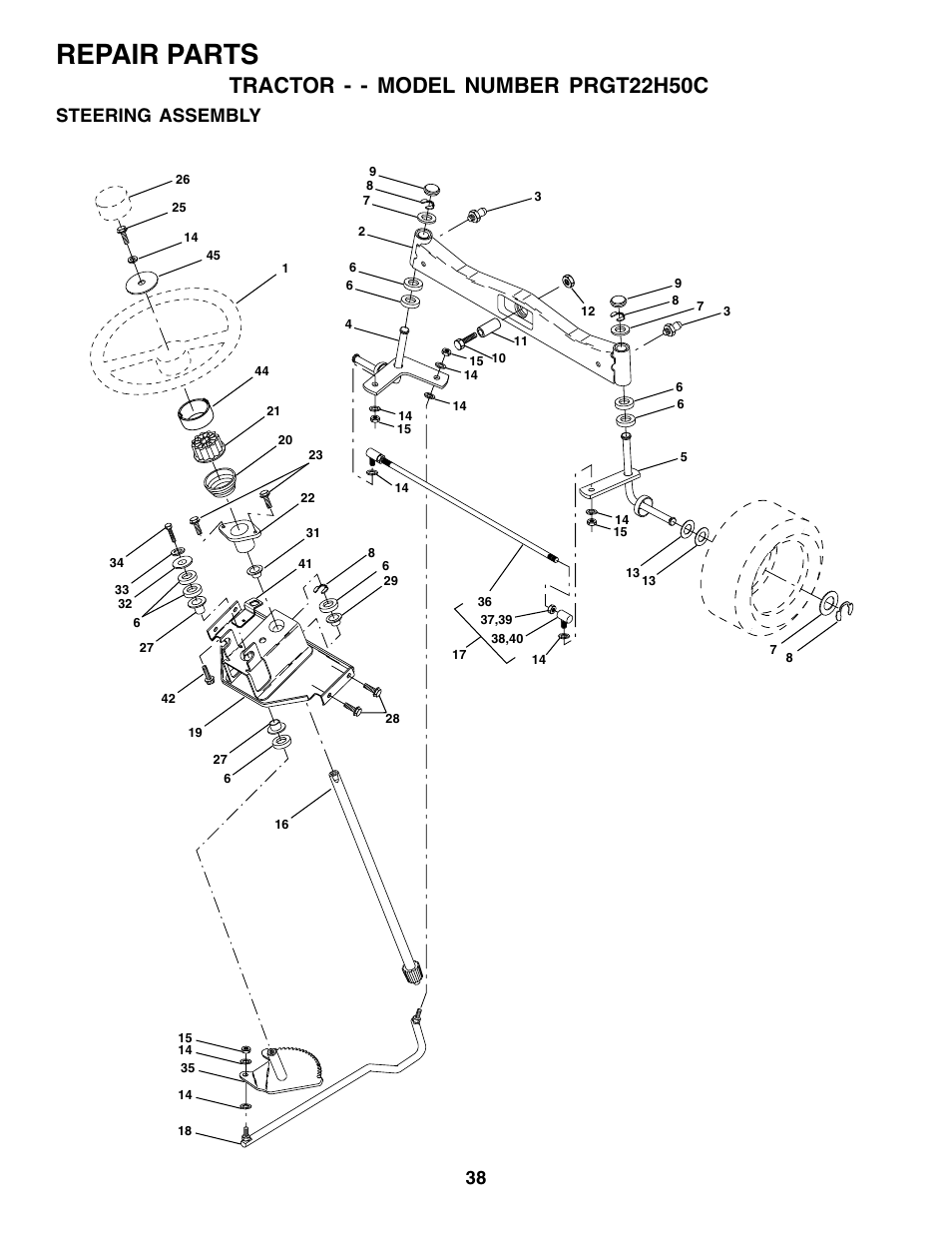 Repair parts, Tractor - - model number prgt22h50c, Steering assembly | Poulan 178493 User Manual | Page 38 / 52