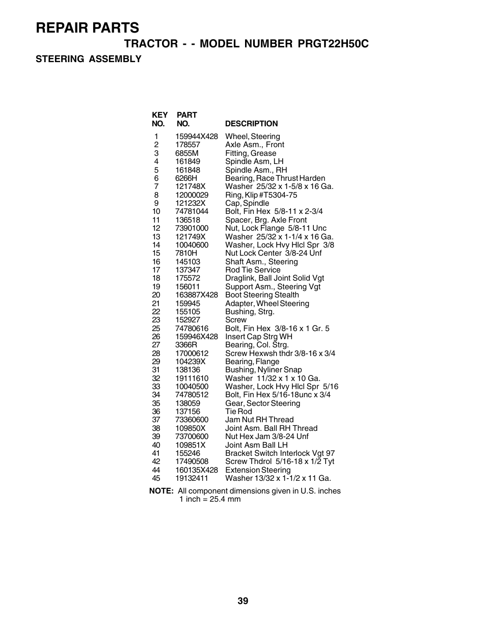 Repair parts, Tractor - - model number prgt22h50c | Poulan 178493 User Manual | Page 39 / 52