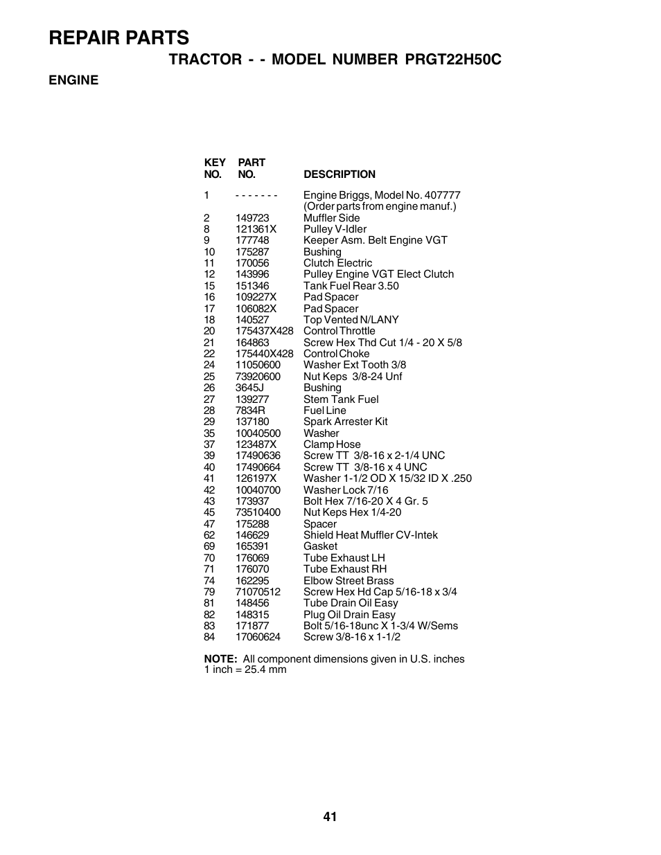 Repair parts, Tractor - - model number prgt22h50c | Poulan 178493 User Manual | Page 41 / 52