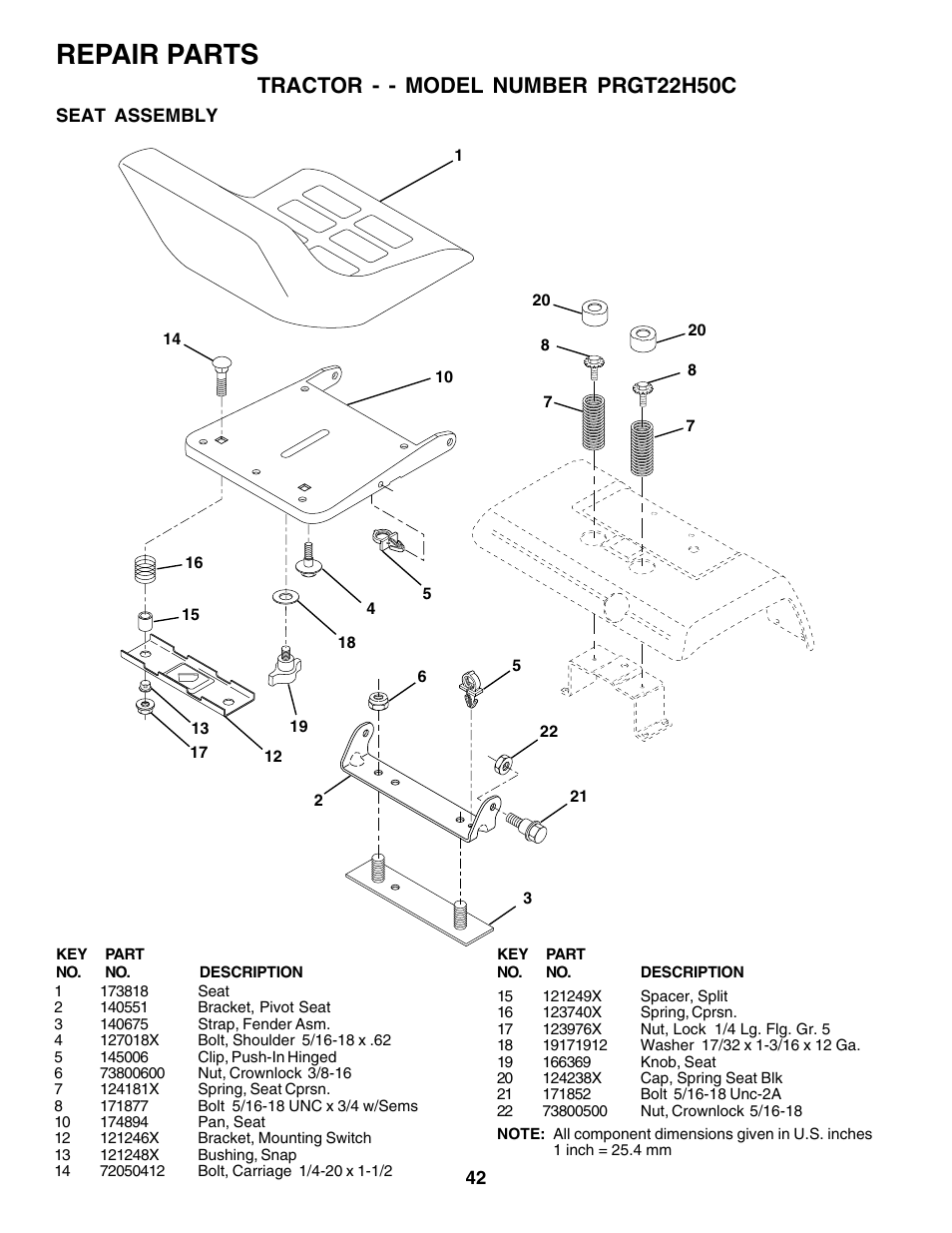 Repair parts, Tractor - - model number prgt22h50c | Poulan 178493 User Manual | Page 42 / 52