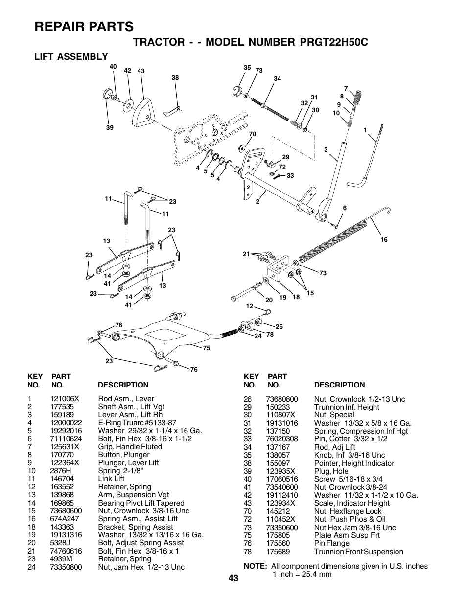 Repair parts, Tractor - - model number prgt22h50c | Poulan 178493 User Manual | Page 43 / 52