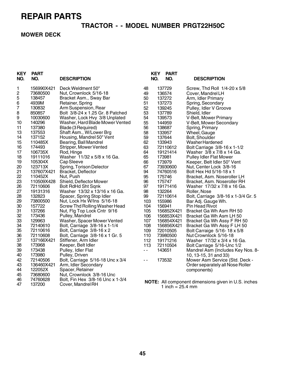 Repair parts, Tractor - - model number prgt22h50c | Poulan 178493 User Manual | Page 45 / 52