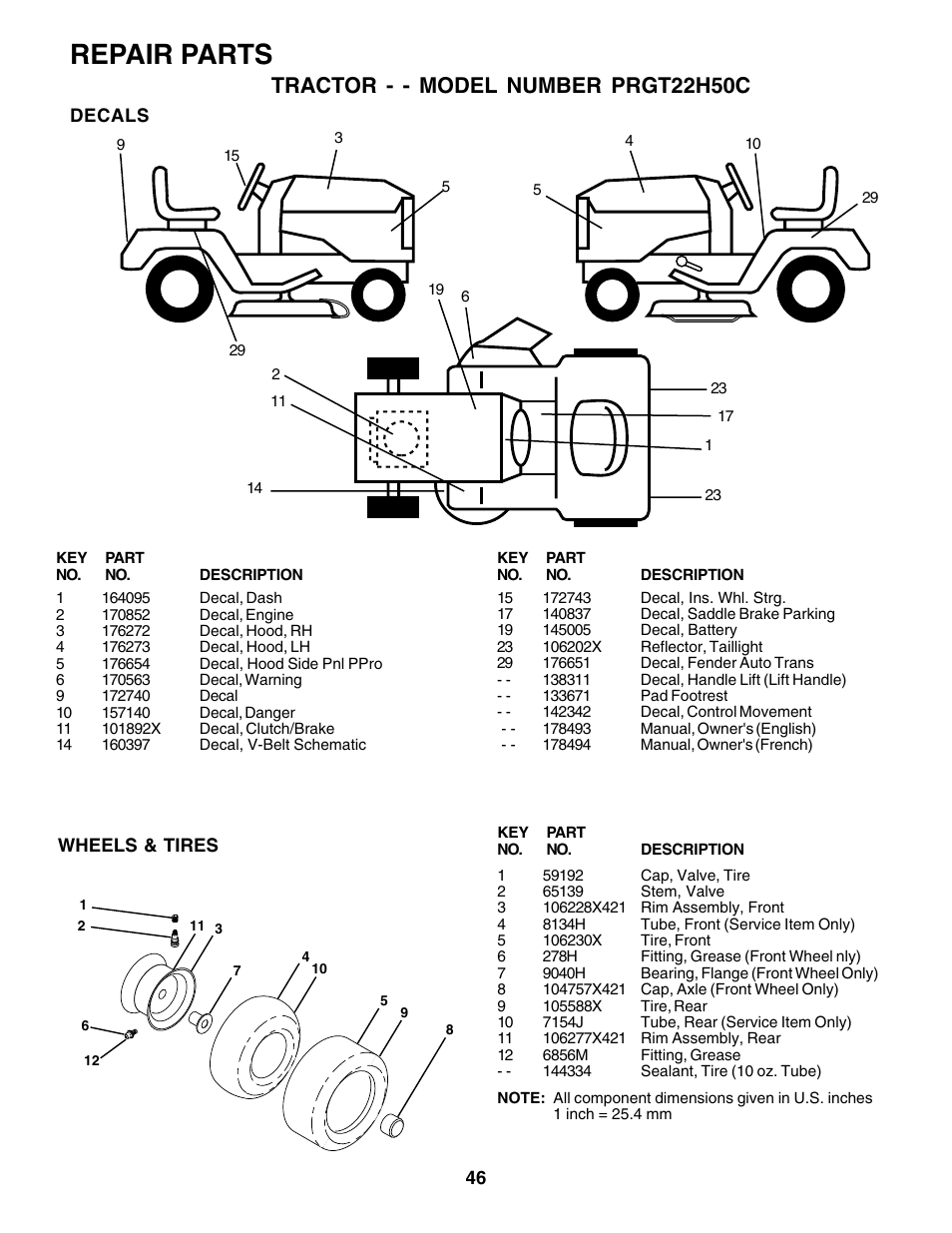 Repair parts, Tractor - - model number prgt22h50c | Poulan 178493 User Manual | Page 46 / 52