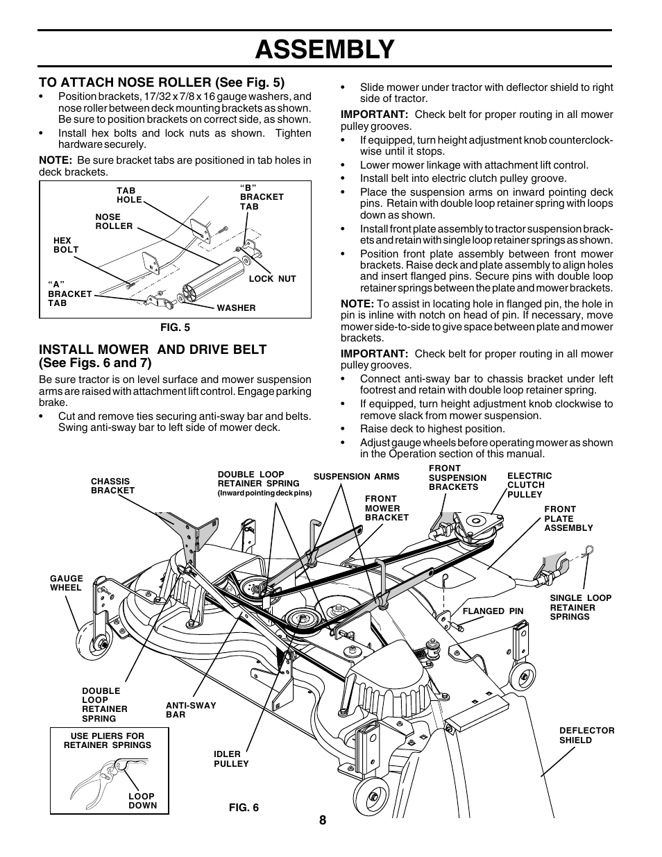 Assembly, Install mower and drive belt (see figs. 6 and 7) | Poulan 178493 User Manual | Page 8 / 52