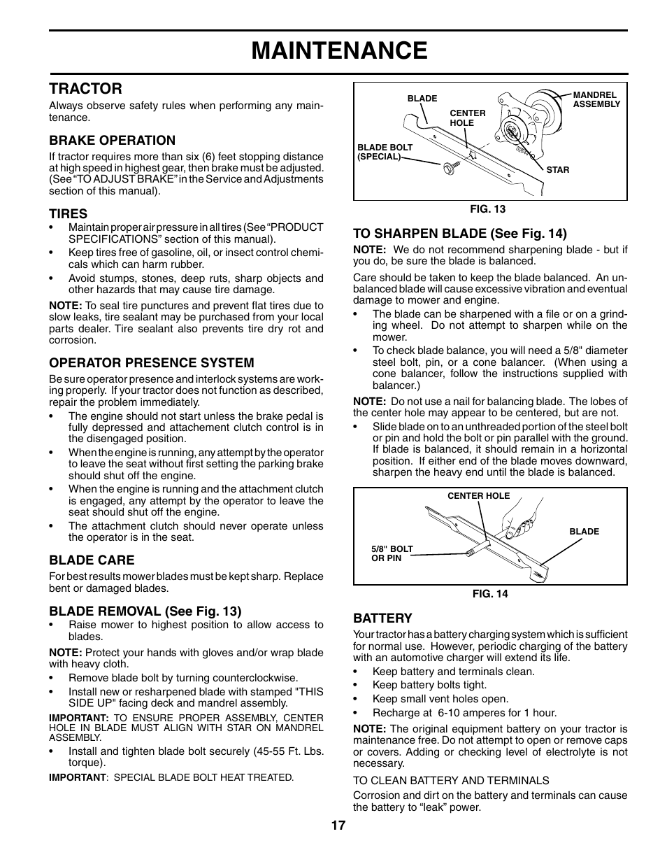 Maintenance, Tractor | Poulan 186666 User Manual | Page 17 / 48