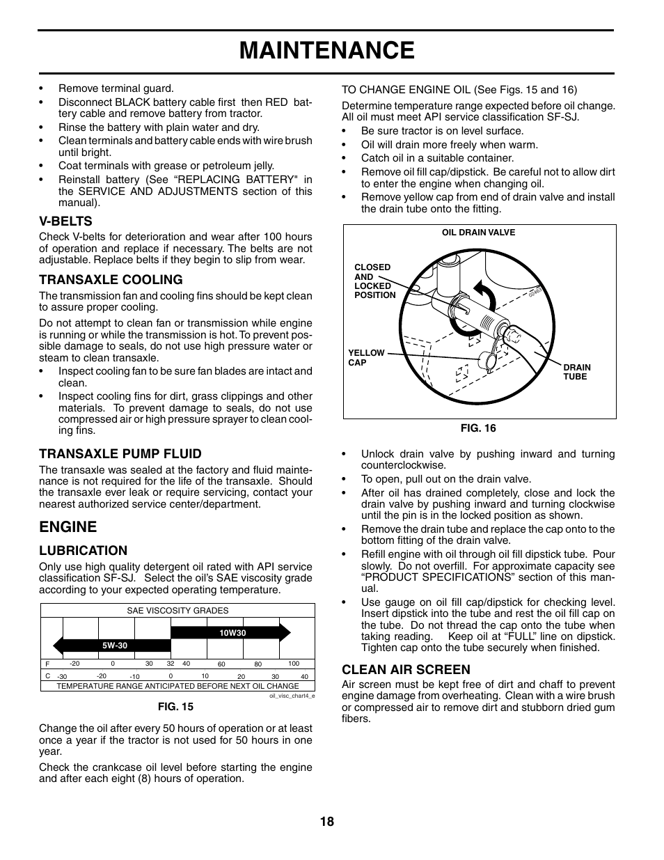 Maintenance, Engine, Clean air screen | Transaxle cooling, Transaxle pump fluid, V-belts, Lubrication | Poulan 186666 User Manual | Page 18 / 48
