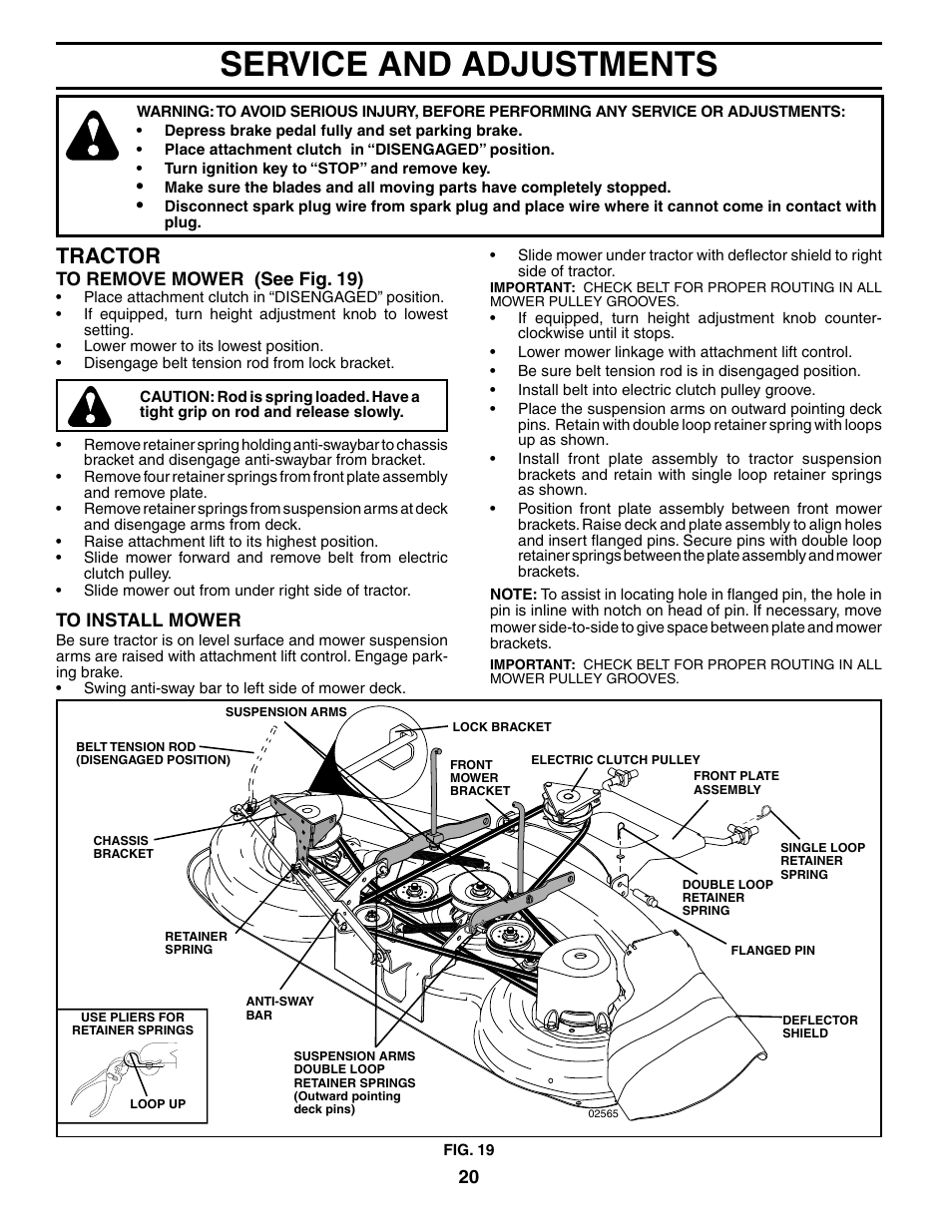 Service and adjustments, Tractor | Poulan 186666 User Manual | Page 20 / 48