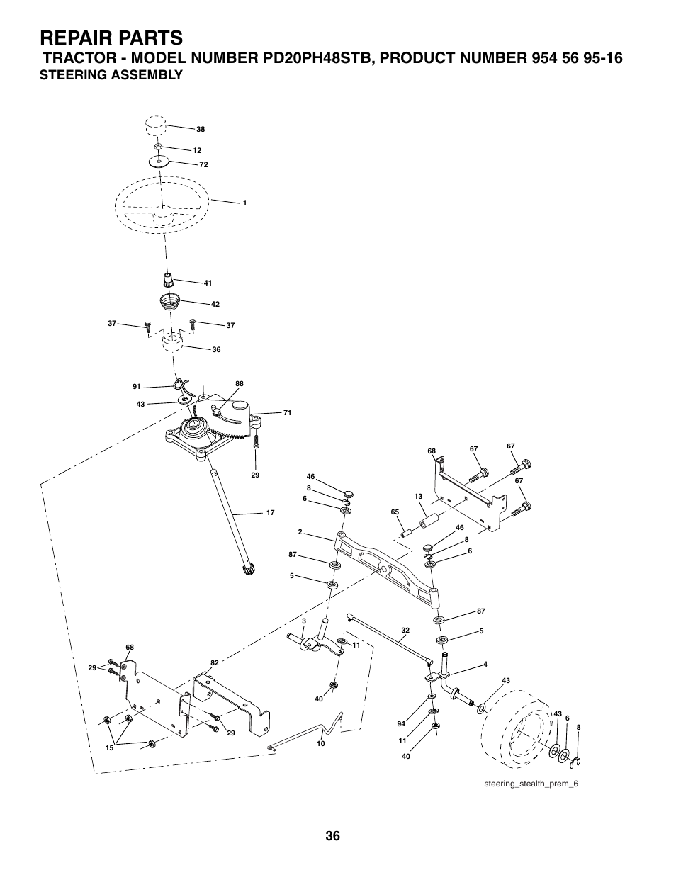 Repair parts, Steering assembly | Poulan 186666 User Manual | Page 36 / 48