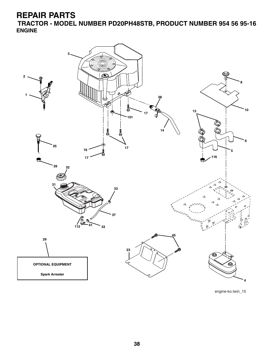 Repair parts, Engine | Poulan 186666 User Manual | Page 38 / 48