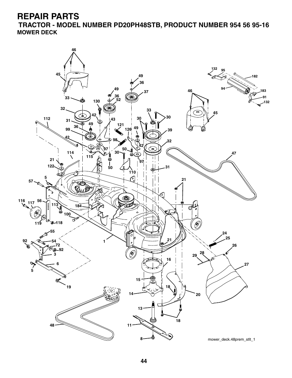 Repair parts, Mower deck | Poulan 186666 User Manual | Page 44 / 48