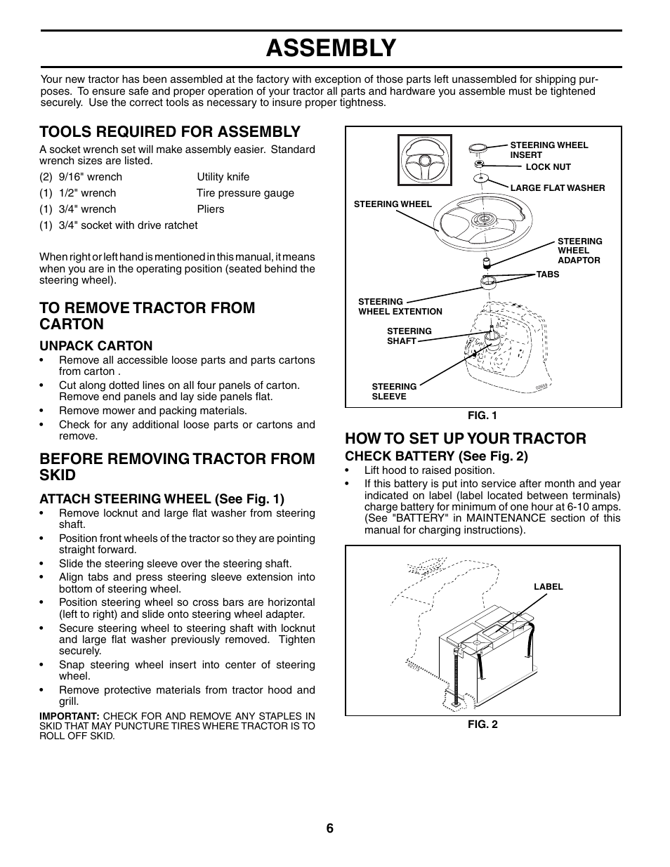 Assembly, How to set up your tractor, Before removing trac tor from skid | Tools required for assembly | Poulan 186666 User Manual | Page 6 / 48