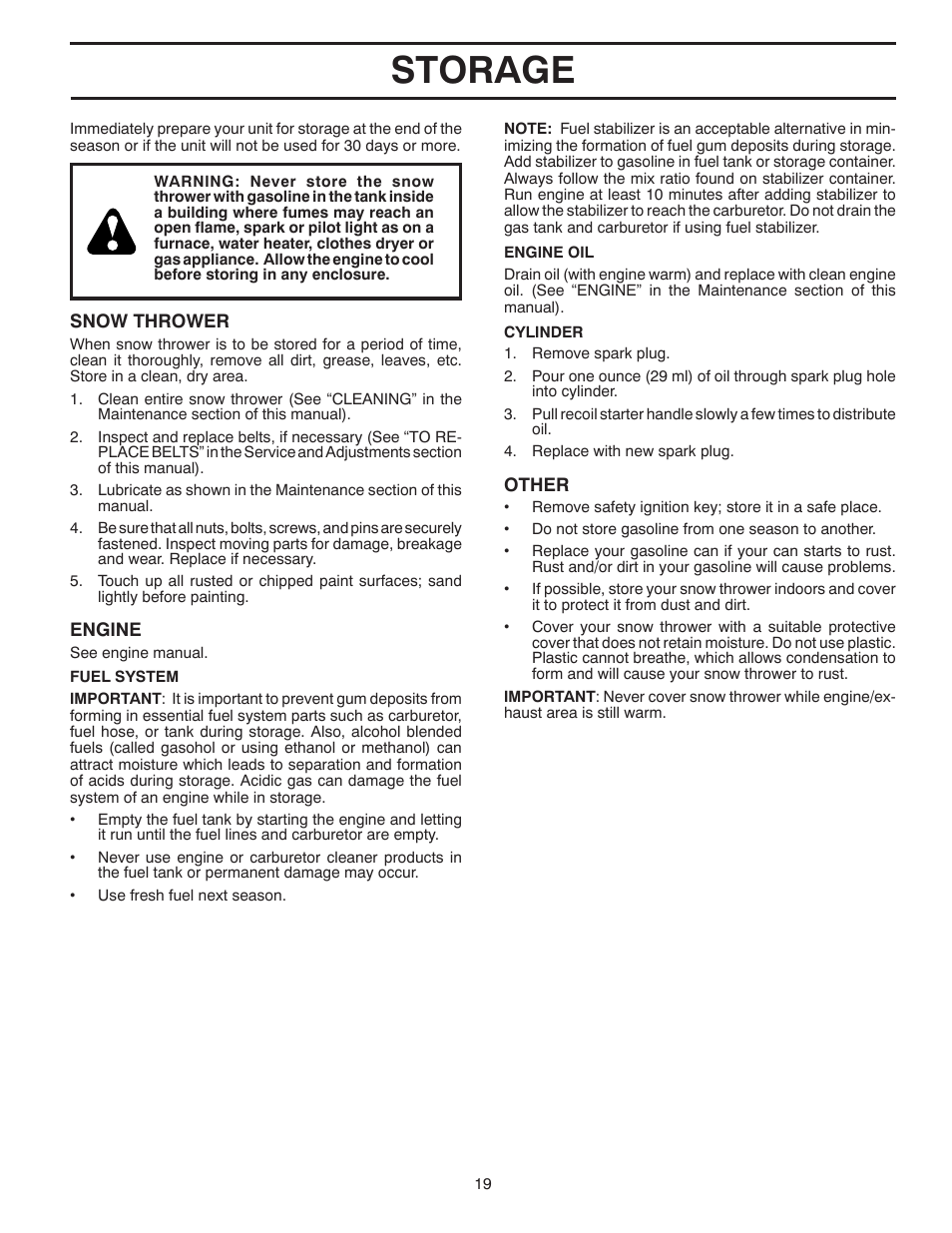 Storage | Poulan Pro PR827ES SNOW THROWER User Manual | Page 19 / 40