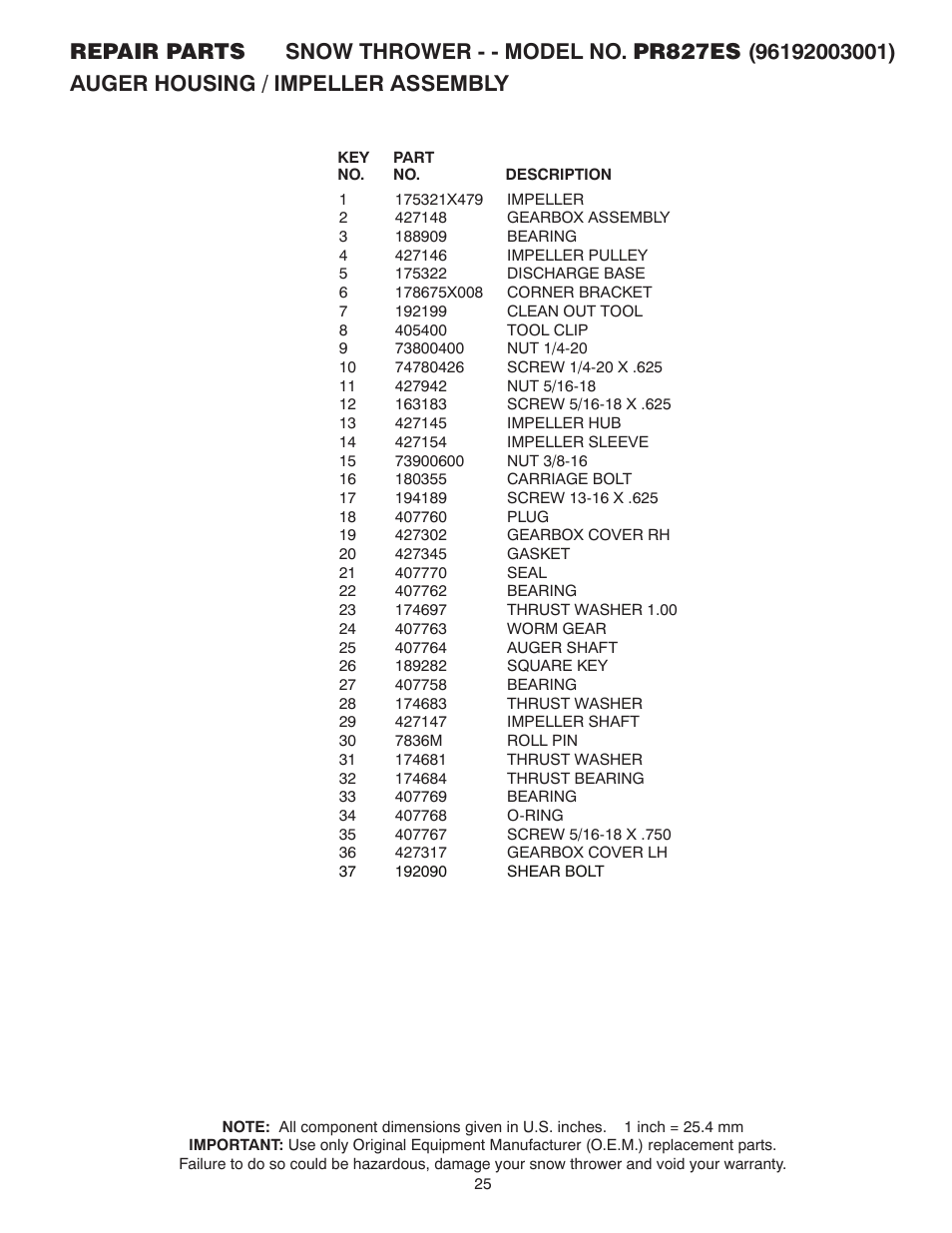 Poulan Pro PR827ES SNOW THROWER User Manual | Page 25 / 40