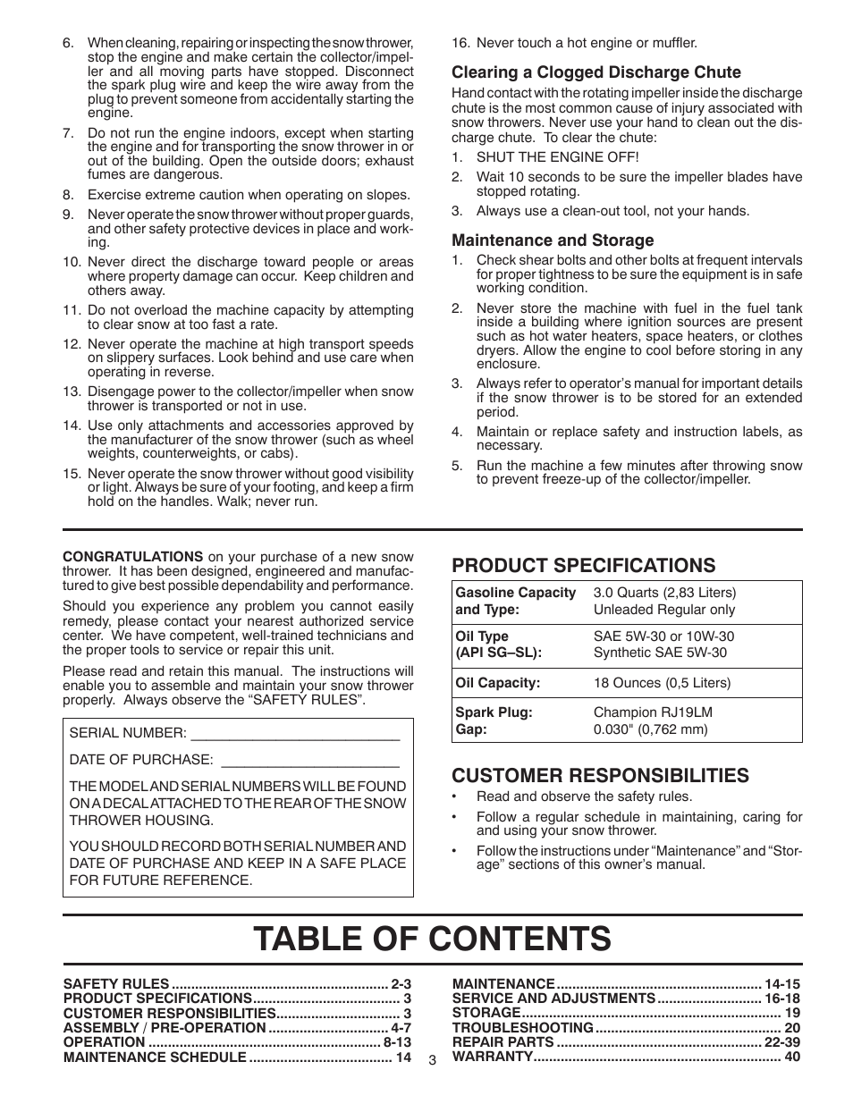 Poulan Pro PR827ES SNOW THROWER User Manual | Page 3 / 40