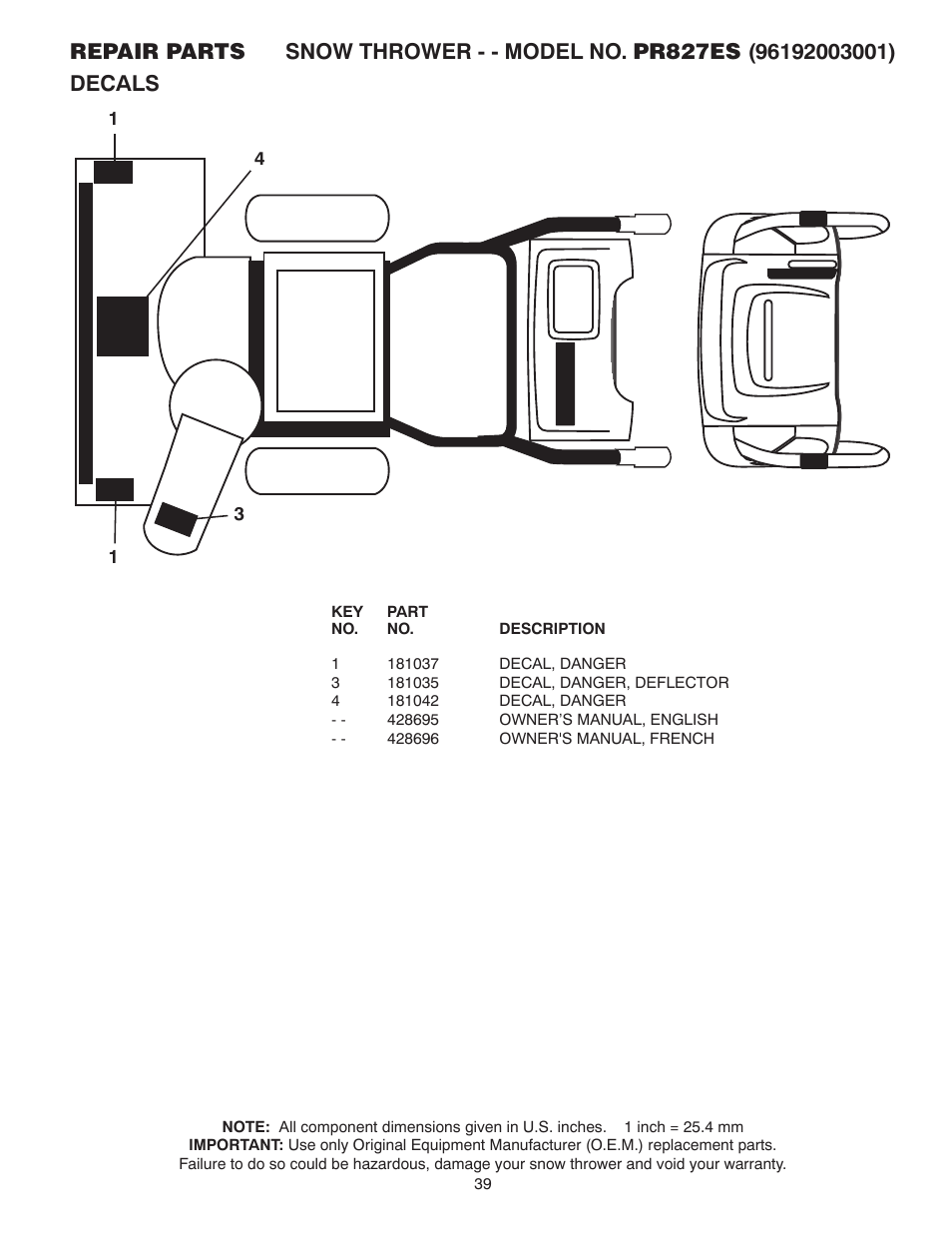 Poulan Pro PR827ES SNOW THROWER User Manual | Page 39 / 40