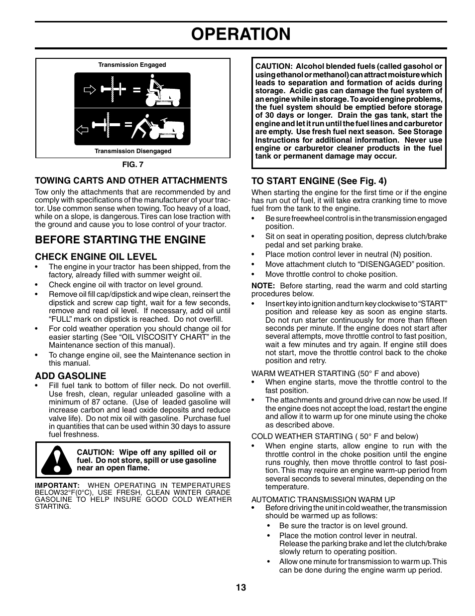 Operation, Before starting the engine | Poulan 197022 User Manual | Page 13 / 30