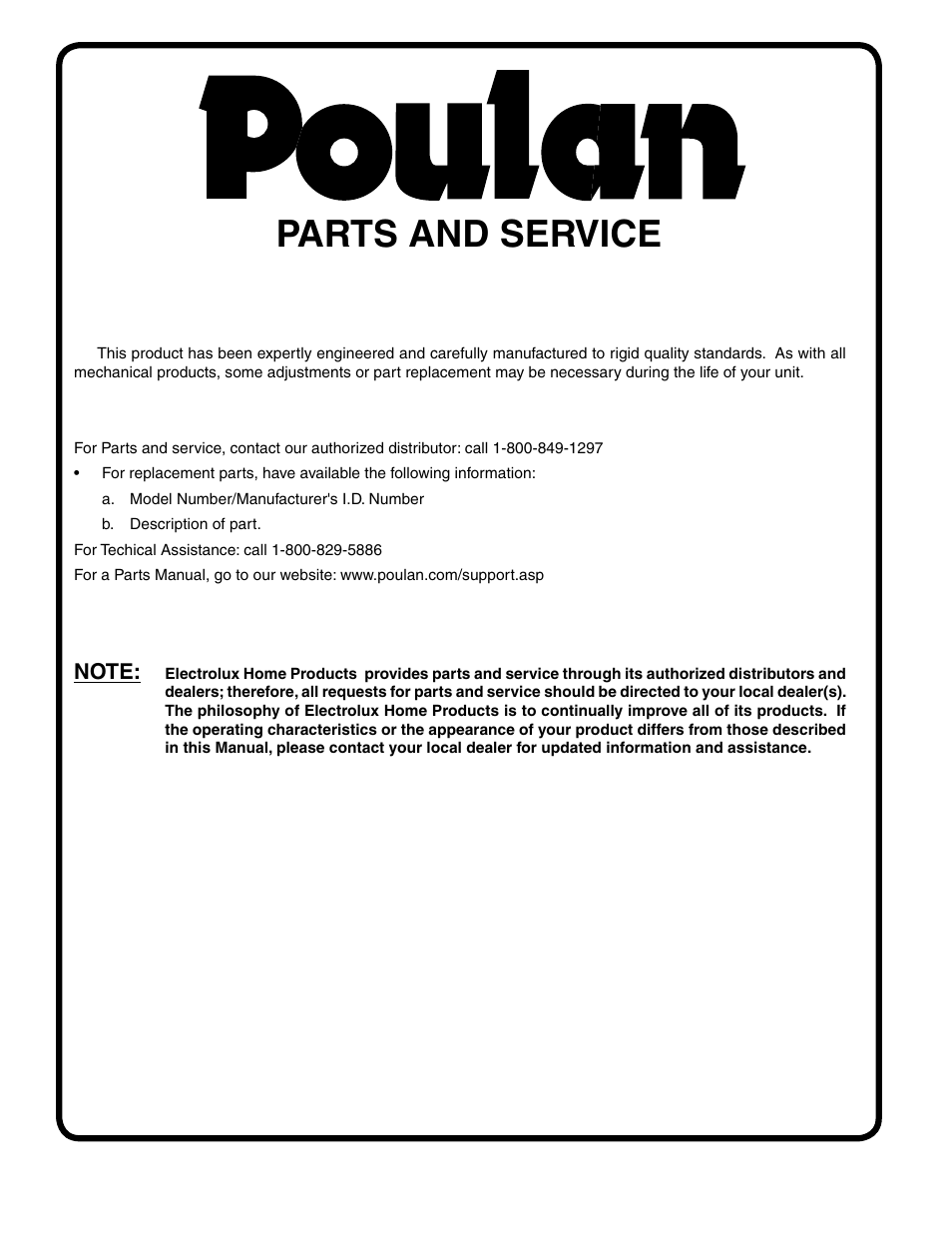 Parts and service | Poulan 197022 User Manual | Page 30 / 30