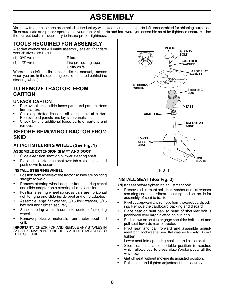 Assembly, Tools required for assembly, Before removing tractor from skid | Poulan 197022 User Manual | Page 6 / 30