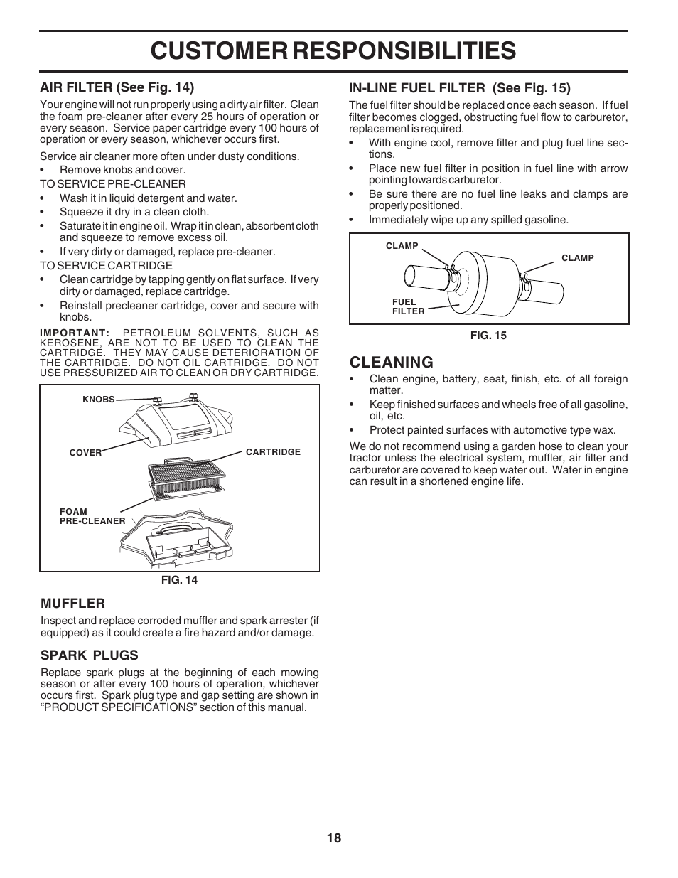 Customer responsibilities, Cleaning | Poulan 183368 User Manual | Page 18 / 48