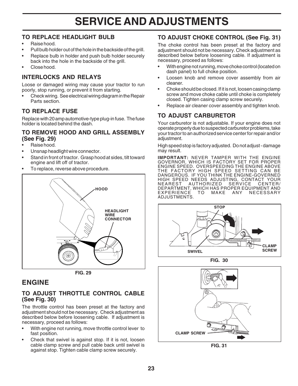 Service and adjustments, Engine | Poulan 183368 User Manual | Page 23 / 48
