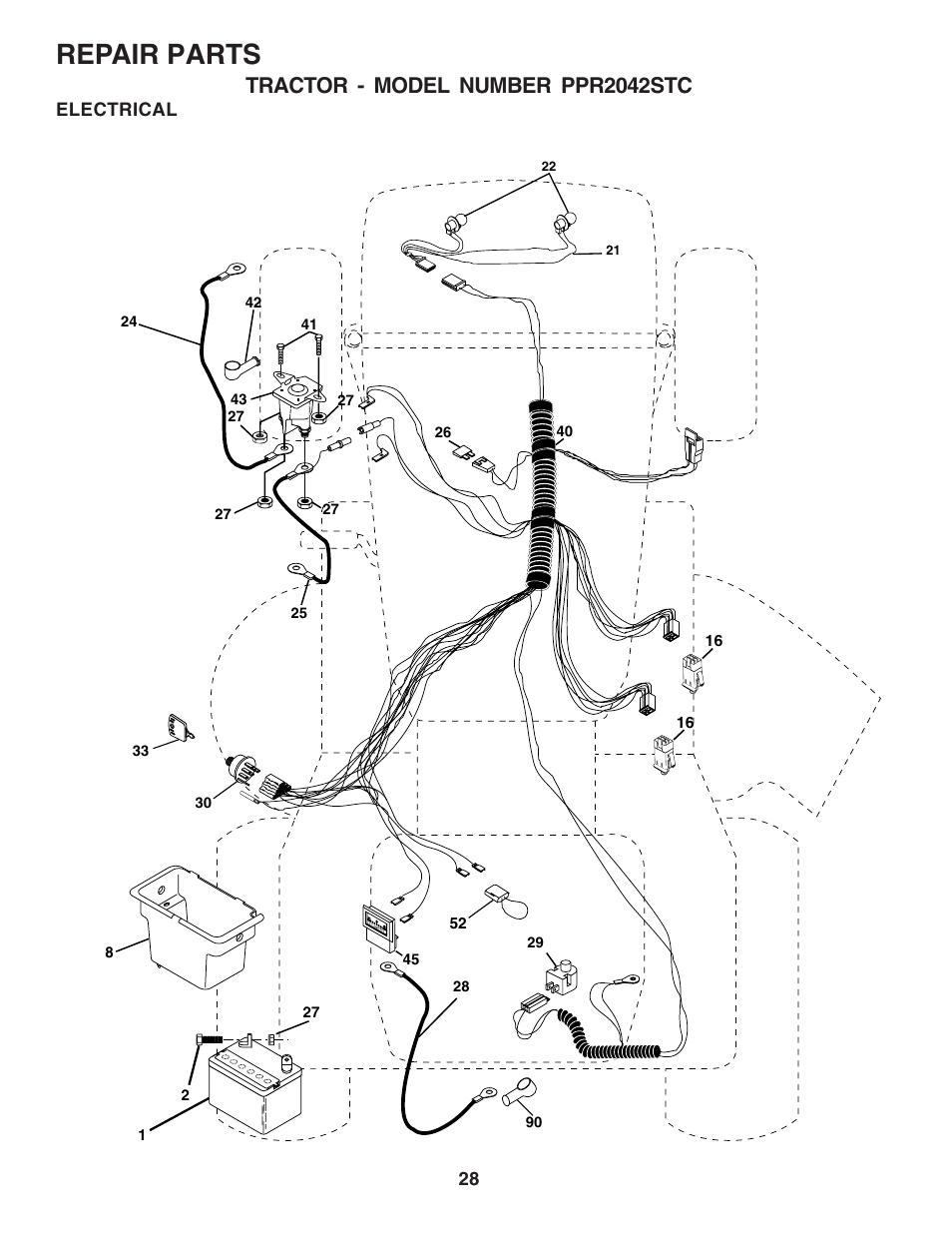Repair parts, Tractor - model number ppr2042stc, Electrical | Poulan 183368 User Manual | Page 28 / 48