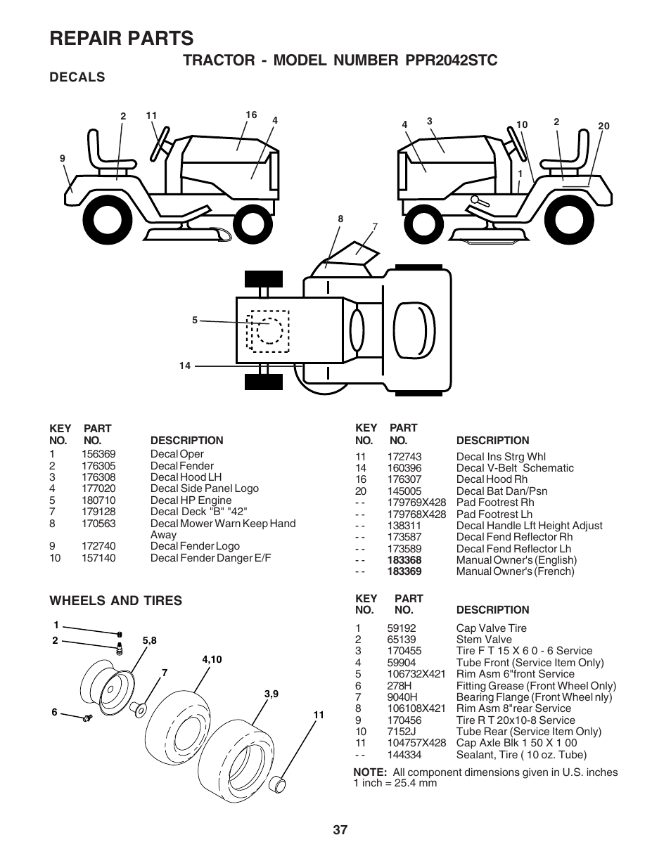 Repair parts, Tractor - model number ppr2042stc | Poulan 183368 User Manual | Page 37 / 48