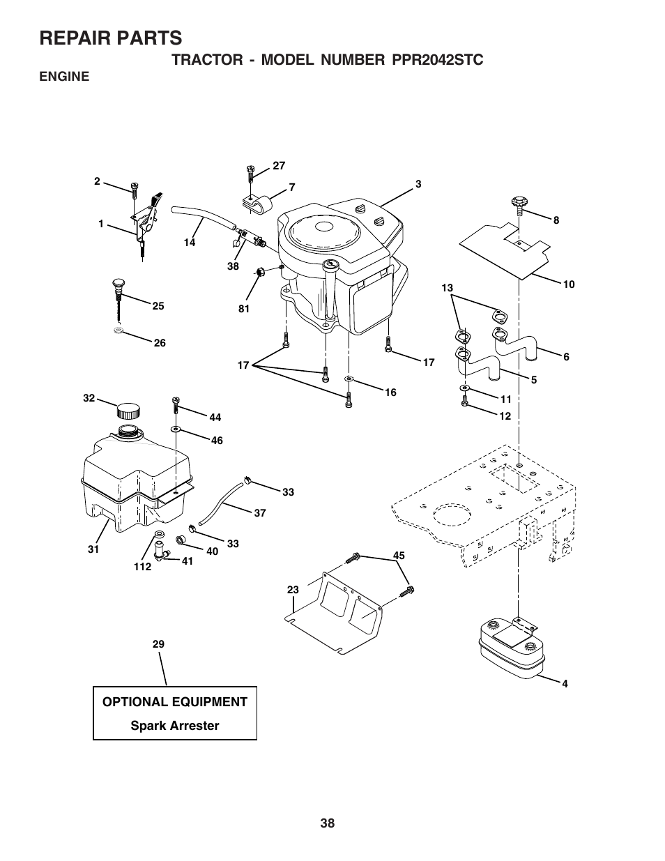 Repair parts, Tractor - model number ppr2042stc | Poulan 183368 User Manual | Page 38 / 48