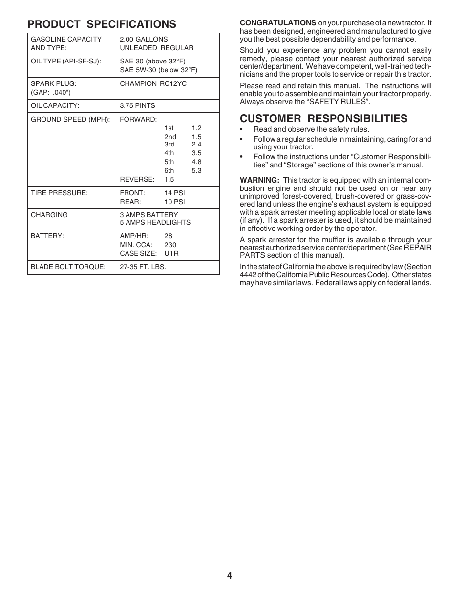 Customer responsibilities, Product specifications | Poulan 183368 User Manual | Page 4 / 48