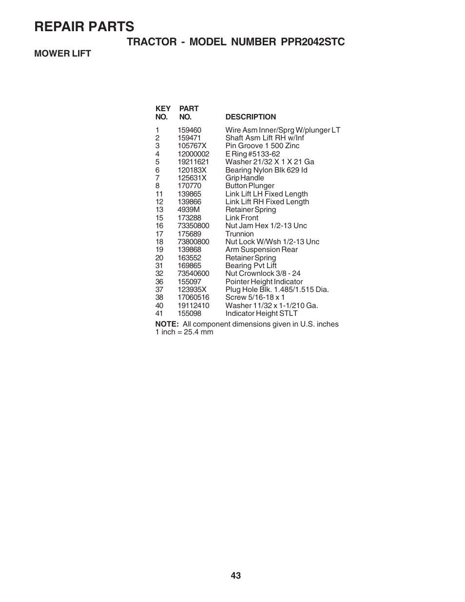Repair parts, Tractor - model number ppr2042stc | Poulan 183368 User Manual | Page 43 / 48