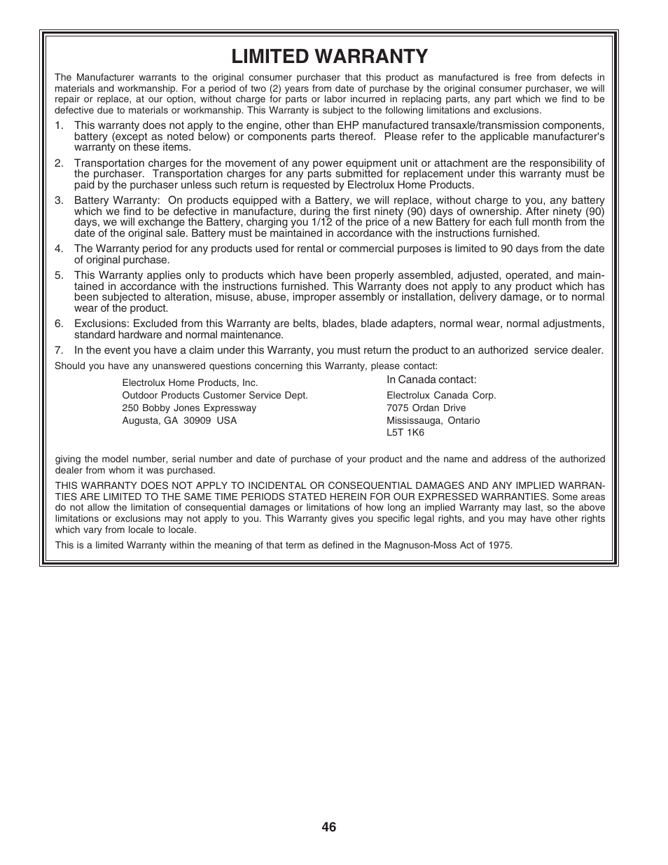 Limited warranty | Poulan 183368 User Manual | Page 46 / 48