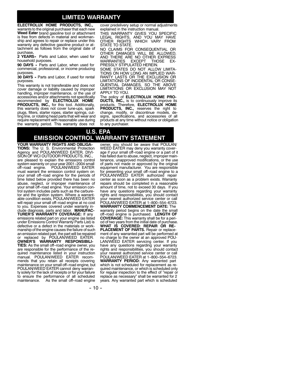 Limited warranty, U.s. epa emission control warranty statement | Poulan BV200 User Manual | Page 10 / 11