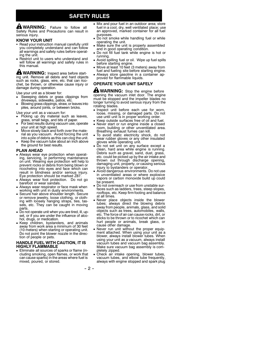 Safety rules | Poulan BV200 User Manual | Page 2 / 11