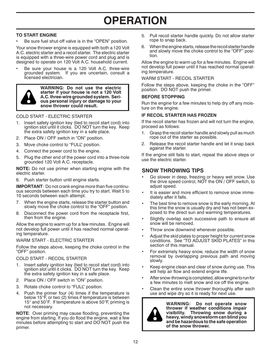 Operation | Poulan Pro PR624ES SNOW THROWER User Manual | Page 12 / 40