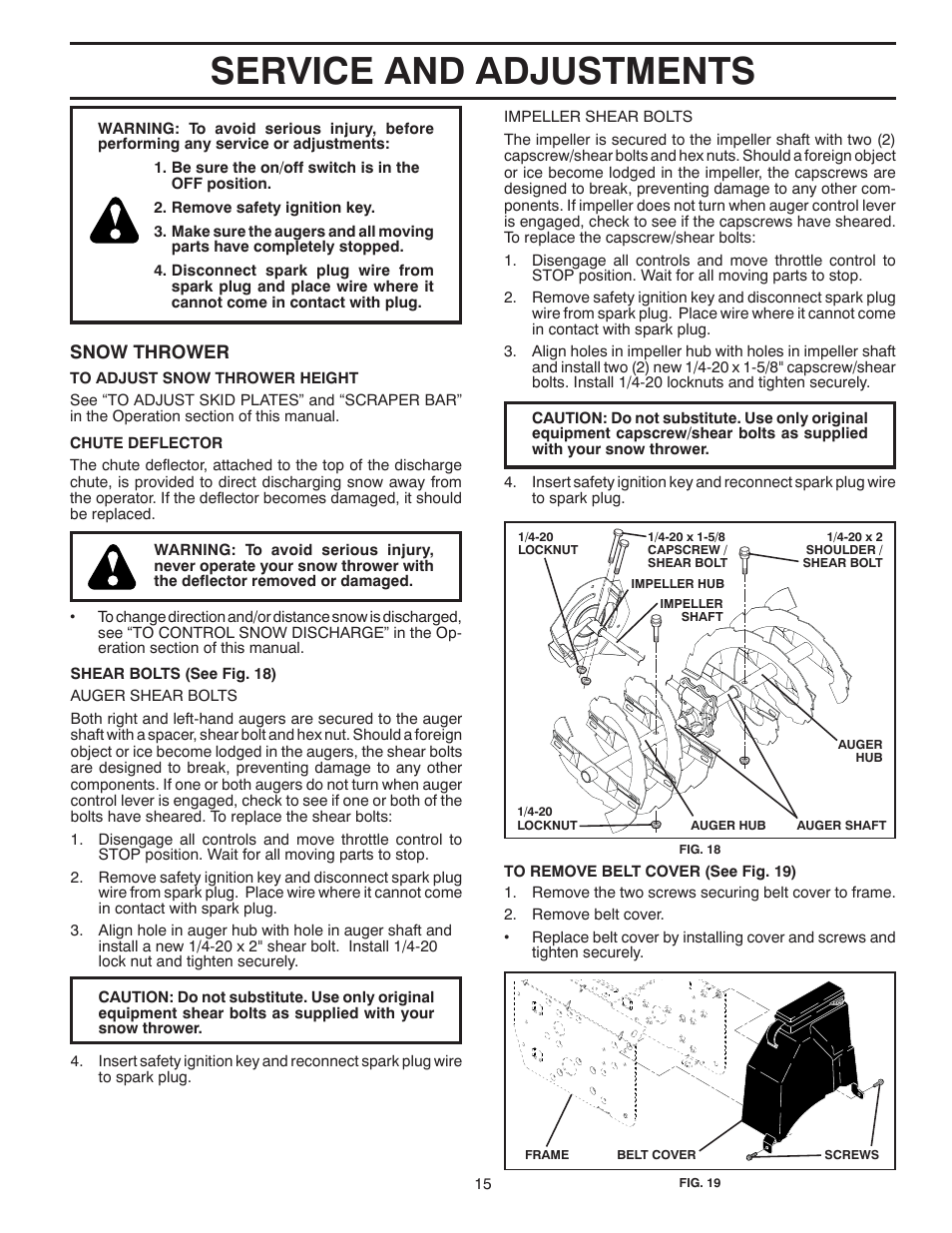 Service and adjustments, Snow thrower | Poulan Pro PR624ES SNOW THROWER User Manual | Page 15 / 40