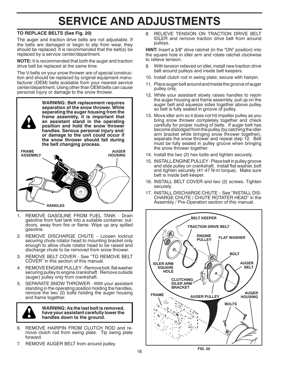 Service and adjustments | Poulan Pro PR624ES SNOW THROWER User Manual | Page 16 / 40