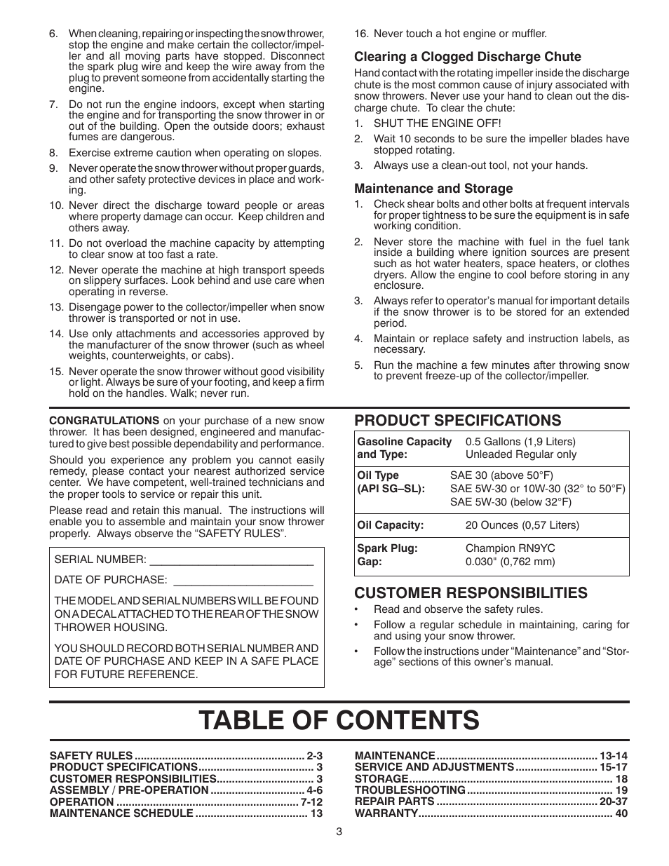 Poulan Pro PR624ES SNOW THROWER User Manual | Page 3 / 40