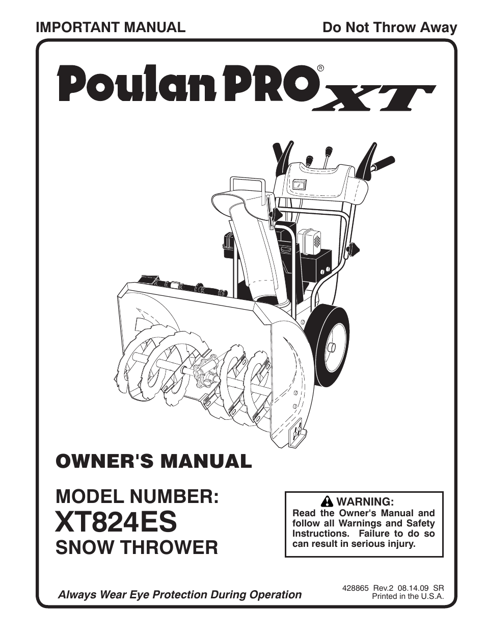 Poulan Pro XT824ES SNOW THROWER User Manual | 40 pages