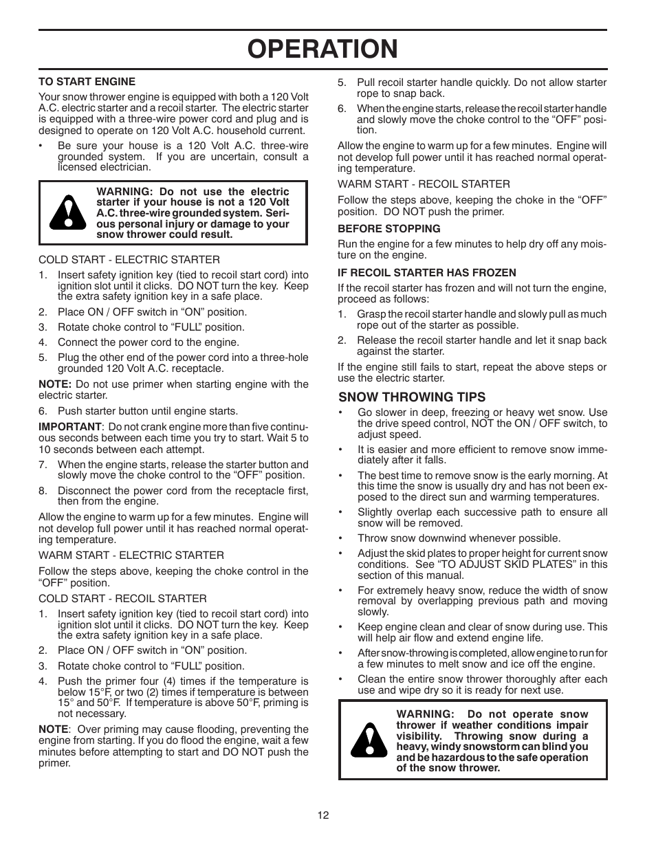 Operation | Poulan Pro XT824ES SNOW THROWER User Manual | Page 12 / 40