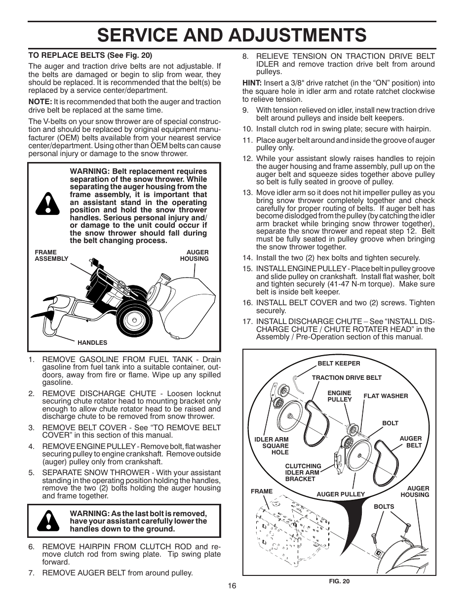 Service and adjustments | Poulan Pro XT824ES SNOW THROWER User Manual | Page 16 / 40