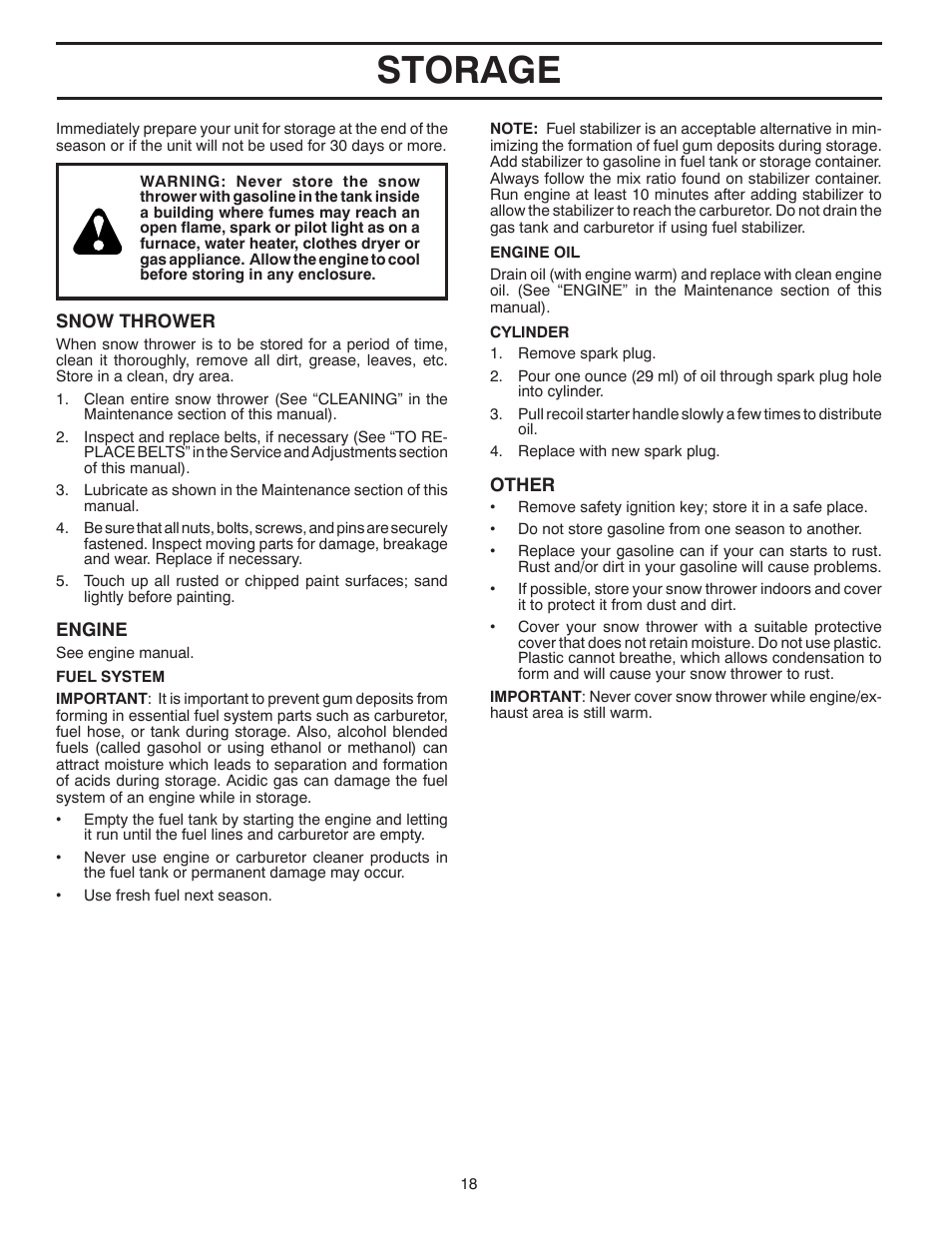 Storage | Poulan Pro XT824ES SNOW THROWER User Manual | Page 18 / 40