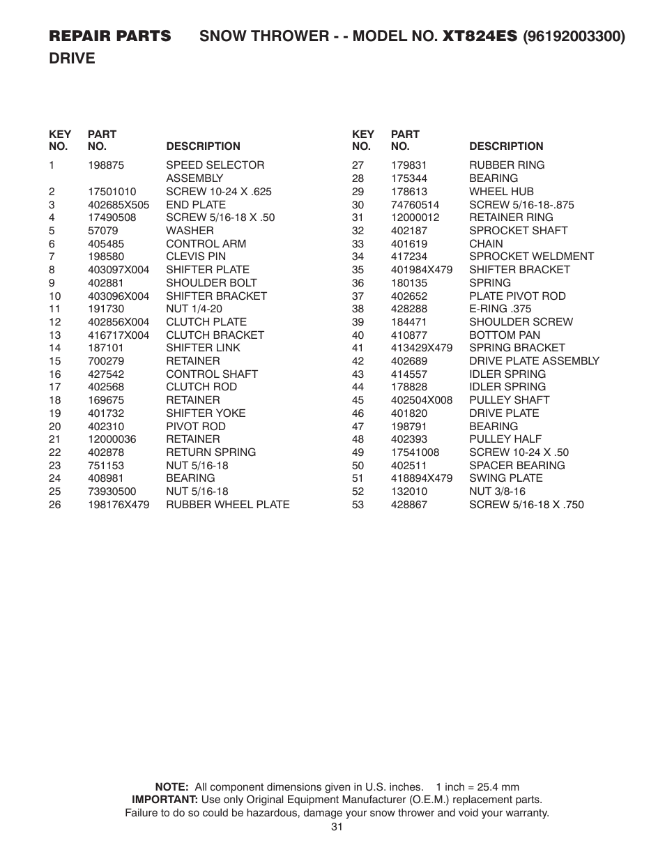 Poulan Pro XT824ES SNOW THROWER User Manual | Page 31 / 40