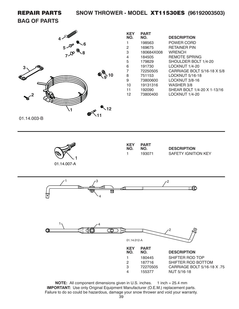 Bag of parts | Poulan XT 96192003503 User Manual | Page 39 / 44